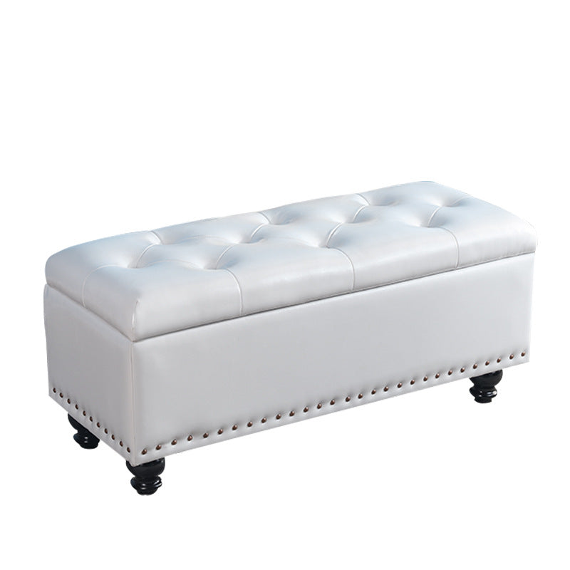Contemporary Nordic Blockboard Faux Oil Wax Leather Upholstered Rectangular Storage Bench For Living Room