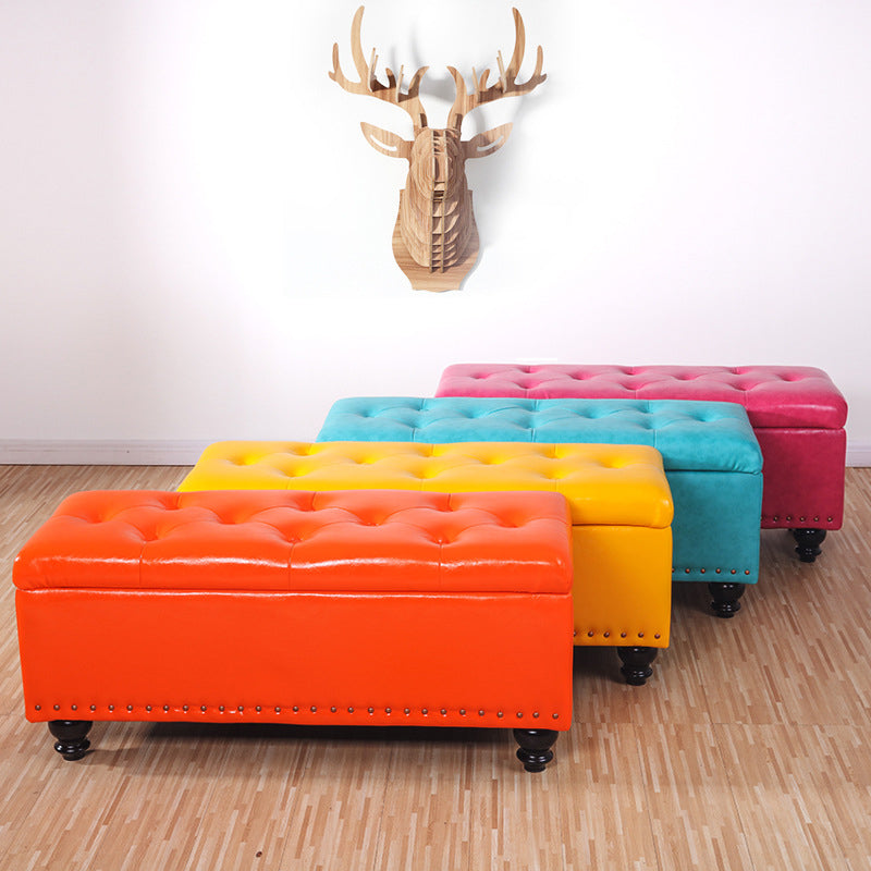 Contemporary Nordic Blockboard Faux Oil Wax Leather Upholstered Rectangular Storage Bench For Living Room
