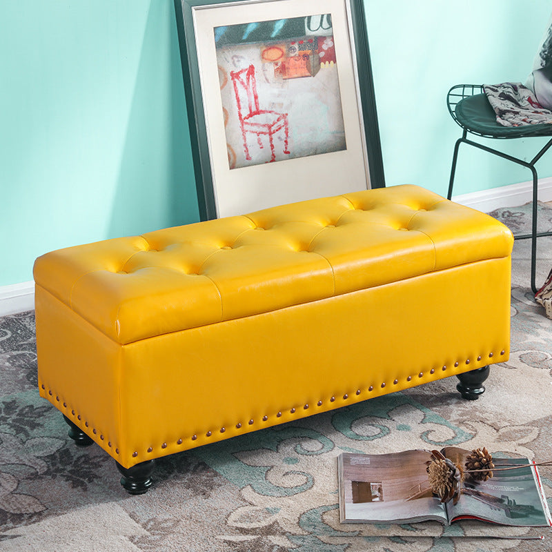 Contemporary Nordic Blockboard Faux Oil Wax Leather Upholstered Rectangular Storage Bench For Living Room