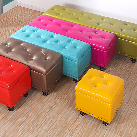 Contemporary Nordic Blockboard Faux Oil Wax Leather Upholstered Rectangular Storage Bench For Living Room