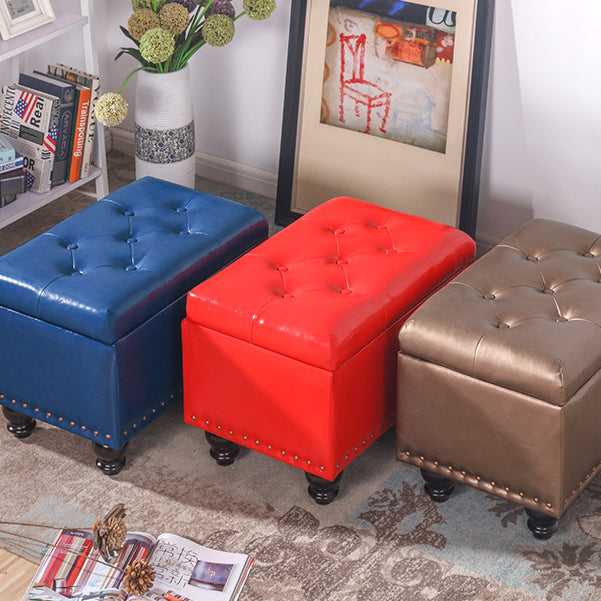 Contemporary Nordic Blockboard Faux Oil Wax Leather Upholstered Rectangular Storage Bench For Living Room