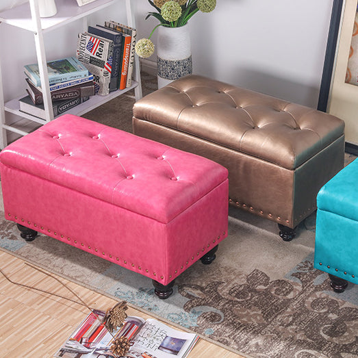 Contemporary Nordic Blockboard Faux Oil Wax Leather Upholstered Rectangular Storage Bench For Living Room