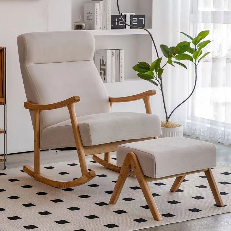 Contemporary Scandinavian Cotton-Linen Recliner with Rubberwood Frame – Rectangular/Square/Curved Backrest, Armrests and Footrest for Living Room
