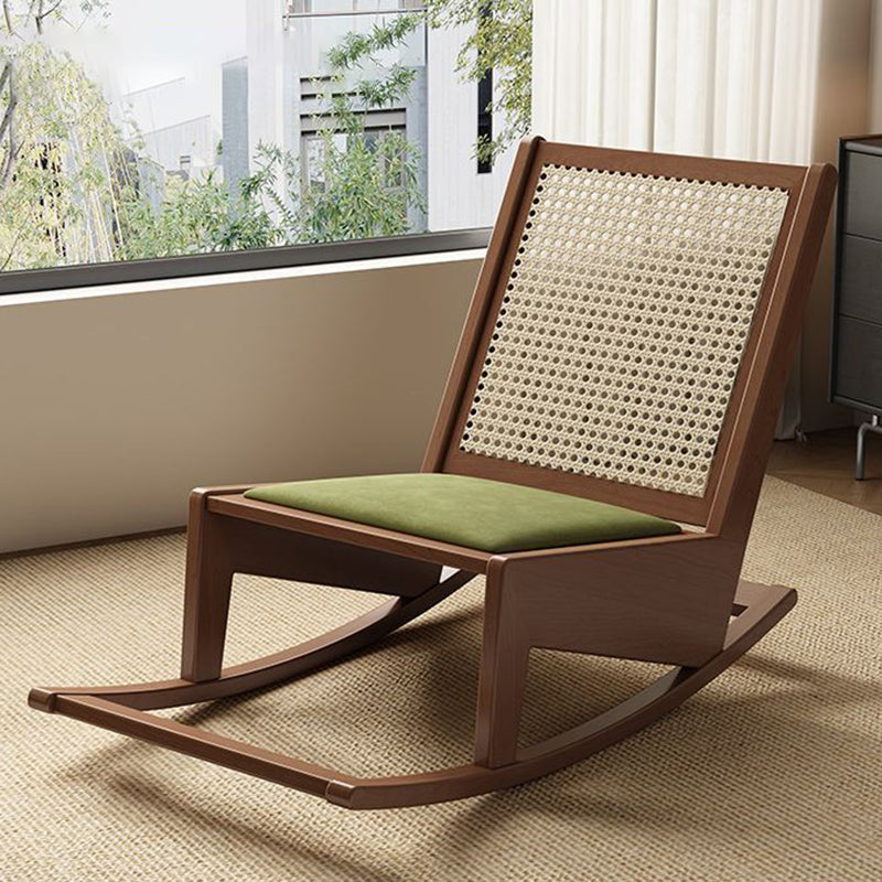 Rustic Traditional Rectangular Rubberwood Frame Recliner with PVC-Woven Rattan Backrest and Footrest for Outdoor Patio