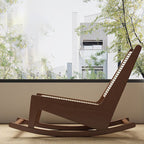 Rustic Traditional Rectangular Rubberwood Frame Recliner with PVC-Woven Rattan Backrest and Footrest for Outdoor Patio