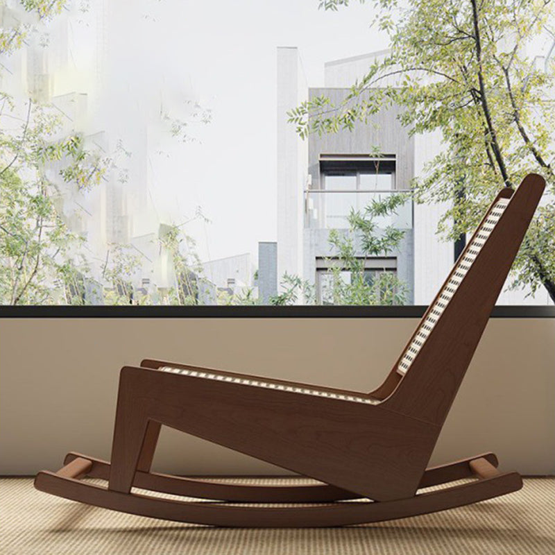 Rustic Traditional Rectangular Rubberwood Frame Recliner with PVC-Woven Rattan Backrest and Footrest for Outdoor Patio