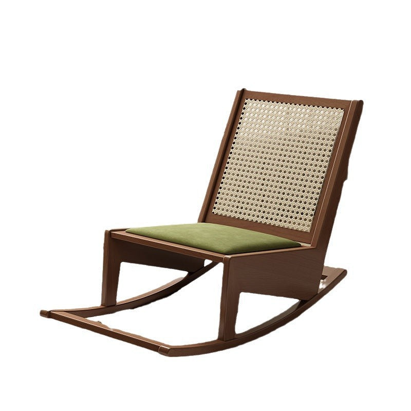 Rustic Traditional Rectangular Rubberwood Frame Recliner with PVC-Woven Rattan Backrest and Footrest for Outdoor Patio