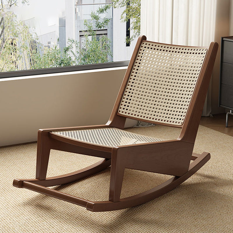 Rustic Traditional Rectangular Rubberwood Frame Recliner with PVC-Woven Rattan Backrest and Footrest for Outdoor Patio