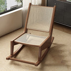 Rustic Traditional Rectangular Rubberwood Frame Recliner with PVC-Woven Rattan Backrest and Footrest for Outdoor Patio