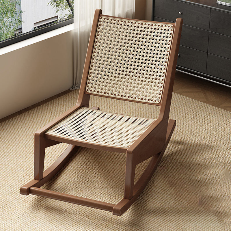 Rustic Traditional Rectangular Rubberwood Frame Recliner with PVC-Woven Rattan Backrest and Footrest for Outdoor Patio