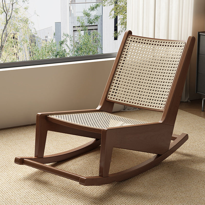 Rustic Traditional Rectangular Rubberwood Frame Recliner with PVC-Woven Rattan Backrest and Footrest for Outdoor Patio