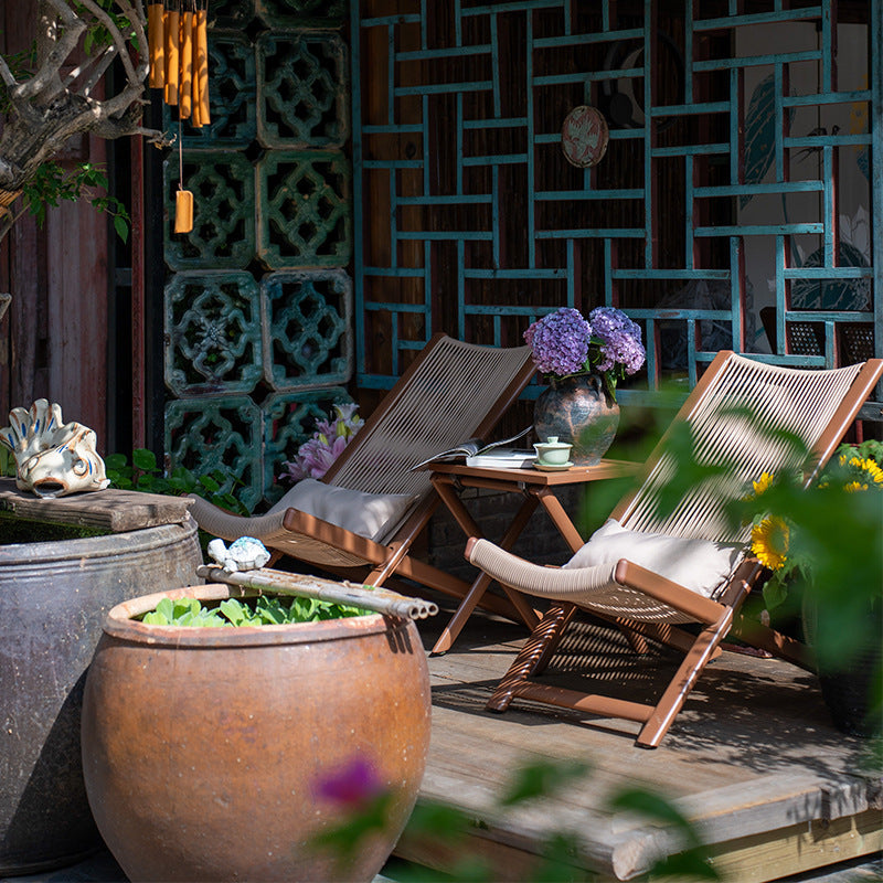 Traditional Rustic PE Rattan Recliner with Carbon Steel Frame and Plush Pillow Footrest for Outdoor Patio