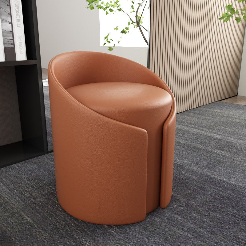 Contemporary Round Faux Leather Wood-Frame Stool – Low-Profile Living Room Accent