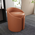 Contemporary Round Faux Leather Wood-Frame Stool – Low-Profile Living Room Accent