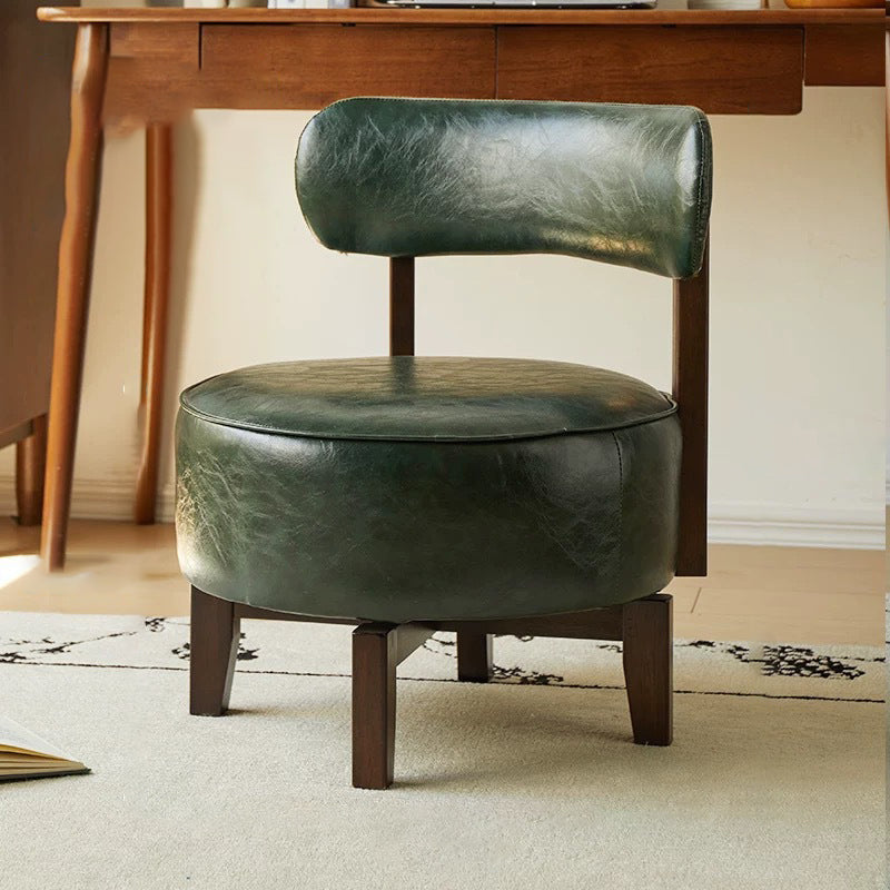 Traditional Vintage Swivel Round Rubberwood Faux Oil-waxed Leather Chair Backrest For Living Room