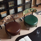 Traditional Vintage Swivel Round Rubberwood Faux Oil-waxed Leather Chair Backrest For Living Room