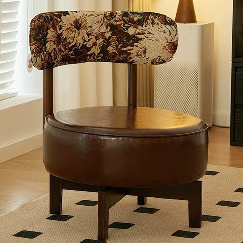 Traditional Vintage Swivel Round Rubberwood Faux Oil-waxed Leather Chair Backrest For Living Room