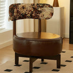 Traditional Vintage Swivel Round Rubberwood Faux Oil-waxed Leather Chair Backrest For Living Room