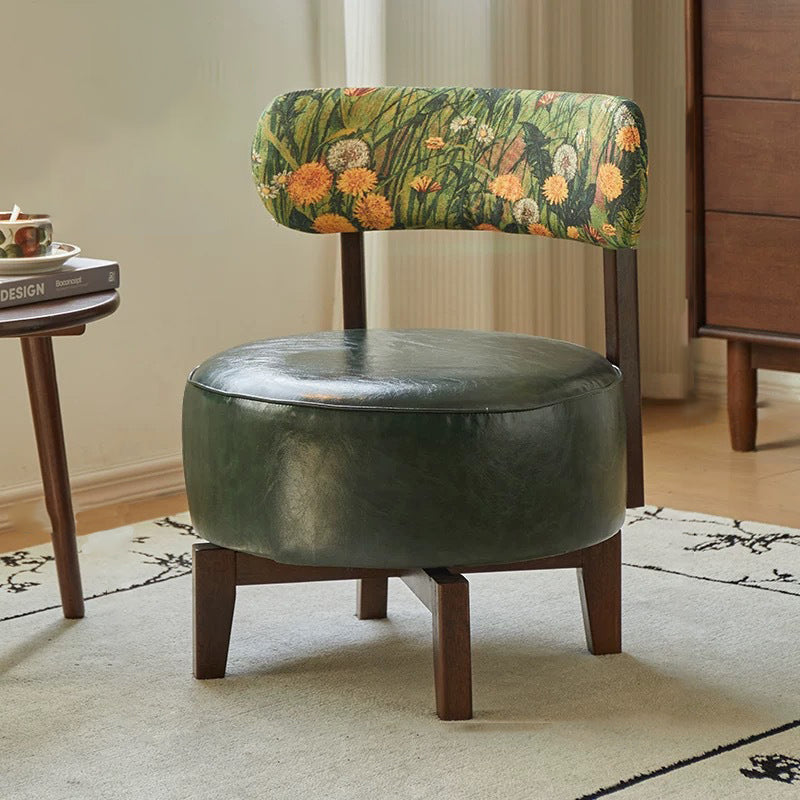 Traditional Vintage Swivel Round Rubberwood Faux Oil-waxed Leather Chair Backrest For Living Room