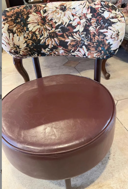 Traditional Vintage Swivel Round Rubberwood Faux Oil-waxed Leather Chair Backrest For Living Room