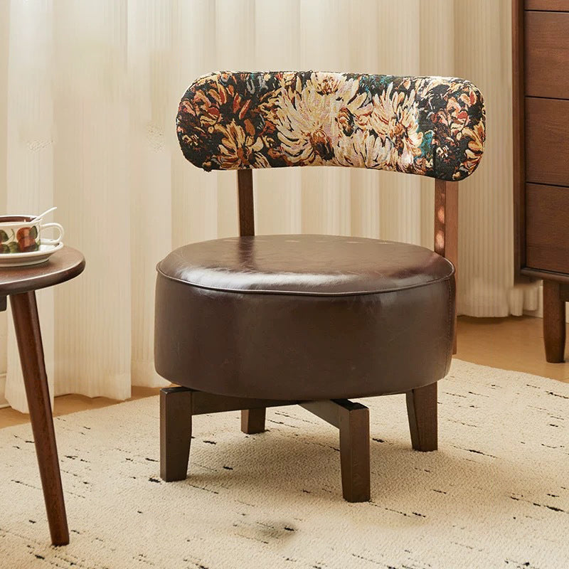 Traditional Vintage Swivel Round Rubberwood Faux Oil-waxed Leather Chair Backrest For Living Room