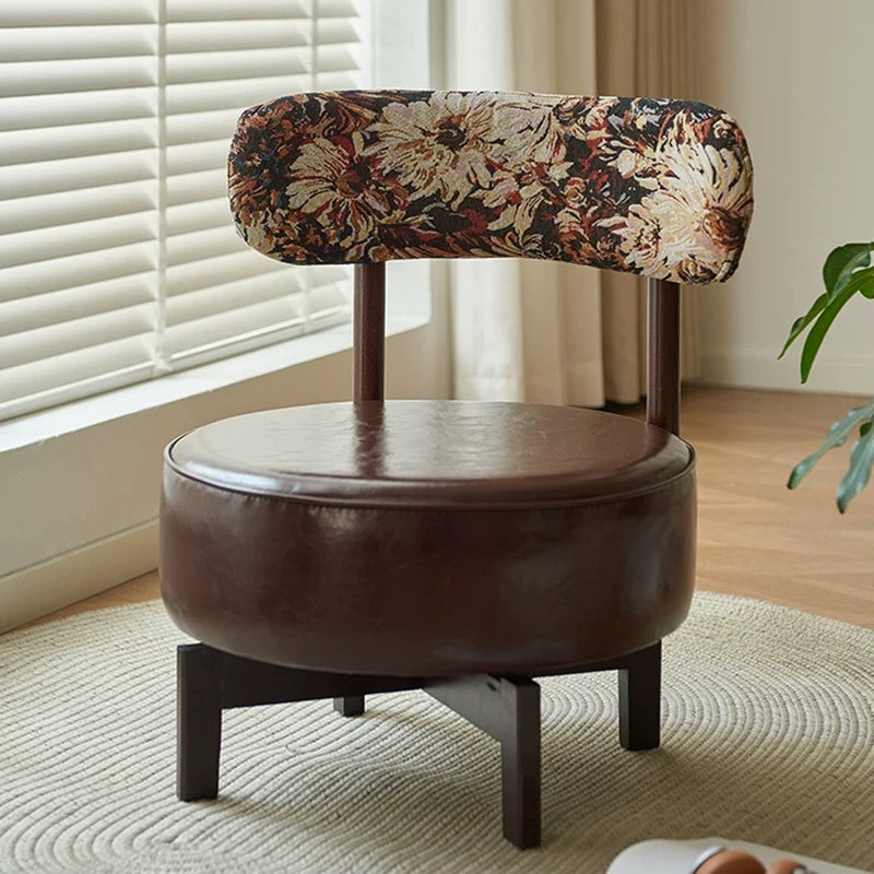 Traditional Vintage Swivel Round Rubberwood Faux Oil-waxed Leather Chair Backrest For Living Room