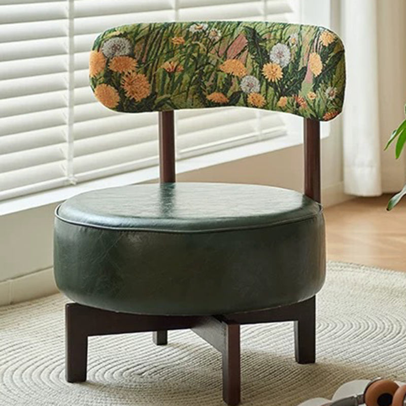 Traditional Vintage Swivel Round Rubberwood Faux Oil-waxed Leather Chair Backrest For Living Room