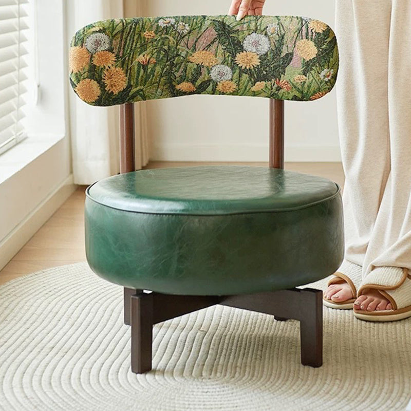 Traditional Vintage Swivel Round Rubberwood Faux Oil-waxed Leather Chair Backrest For Living Room