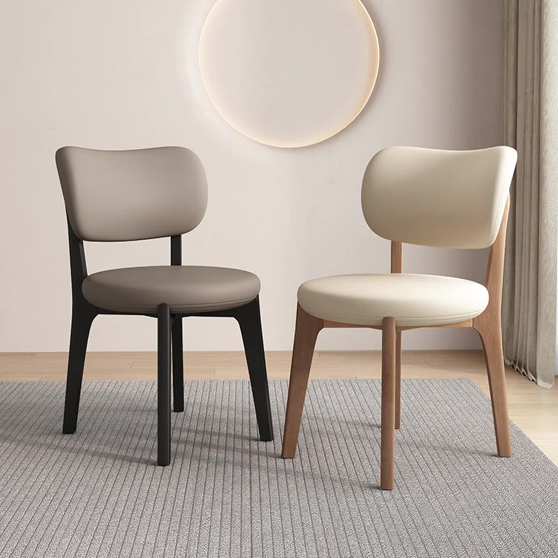 Silla de Comedor Nórdica Contemporánea Curva Redonda de Roble y Piel Sintética con Respaldo para Comedor