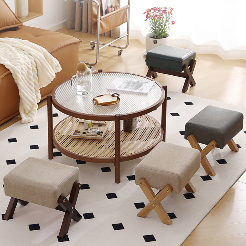 Modern Minimalist Rectangular Footstool with Rubberwood Frame, Cushioned Sponge, Fabric & PU Leather Upholstery, Armless & Backless for Living Room