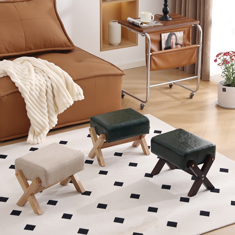 Modern Minimalist Rectangular Footstool with Rubberwood Frame, Cushioned Sponge, Fabric & PU Leather Upholstery, Armless & Backless for Living Room
