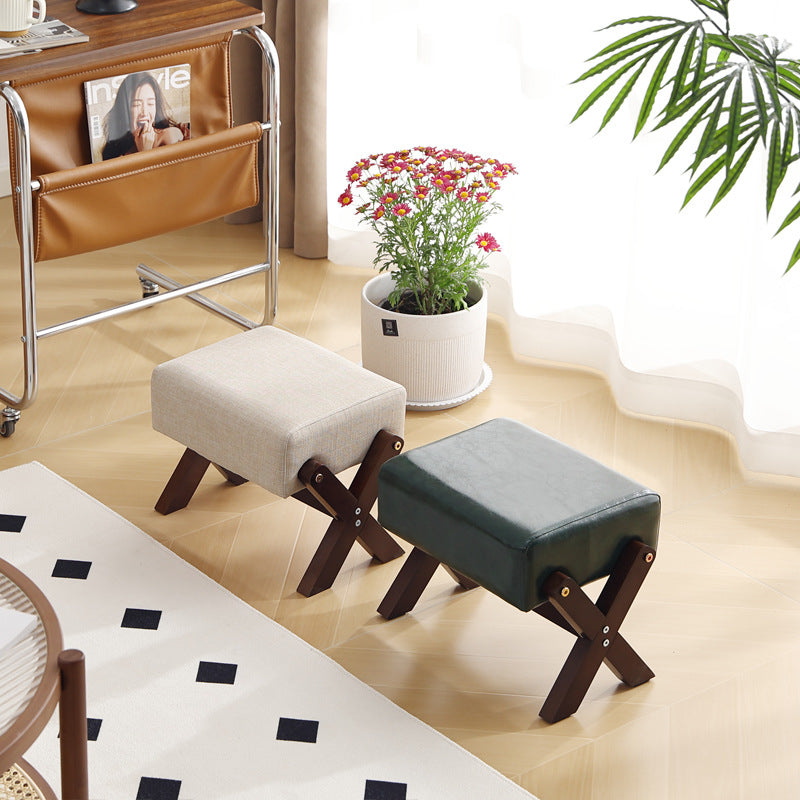 Modern Minimalist Rectangular Footstool with Rubberwood Frame, Cushioned Sponge, Fabric & PU Leather Upholstery, Armless & Backless for Living Room