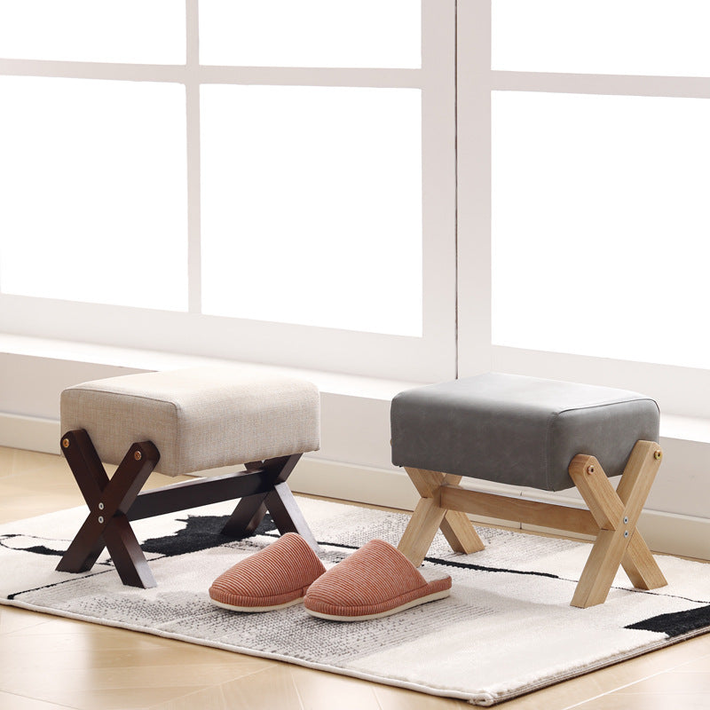 Modern Minimalist Rectangular Footstool with Rubberwood Frame, Cushioned Sponge, Fabric & PU Leather Upholstery, Armless & Backless for Living Room