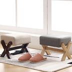 Modern Minimalist Rectangular Footstool with Rubberwood Frame, Cushioned Sponge, Fabric & PU Leather Upholstery, Armless & Backless for Living Room
