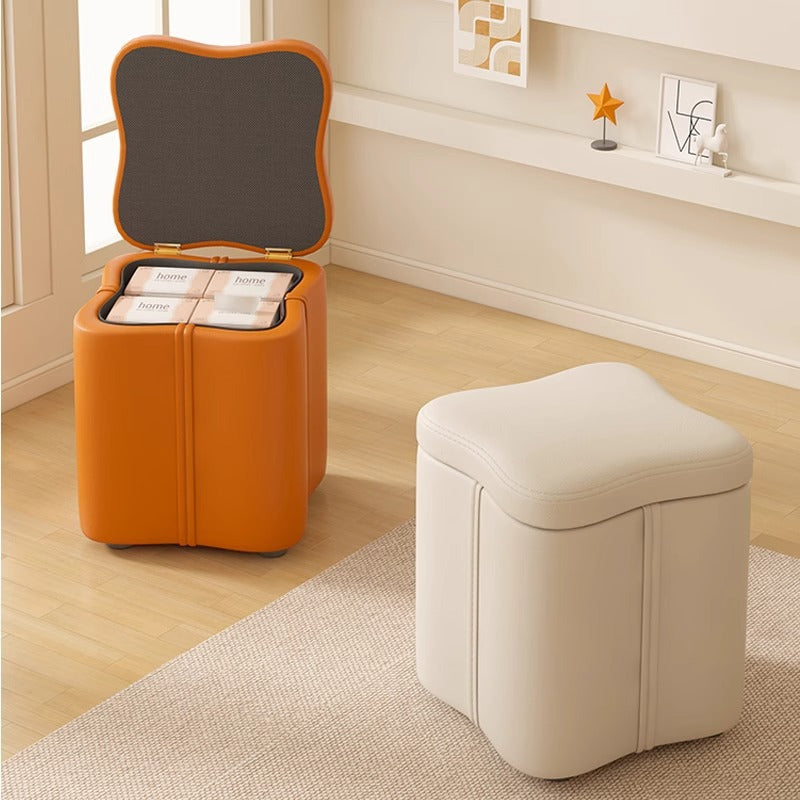 Modern Minimalist Flower Square Stool – Storable Solid Wood with Synthetic Fabric Sponge Cushion, Low, Backless & Armless for Living Room
