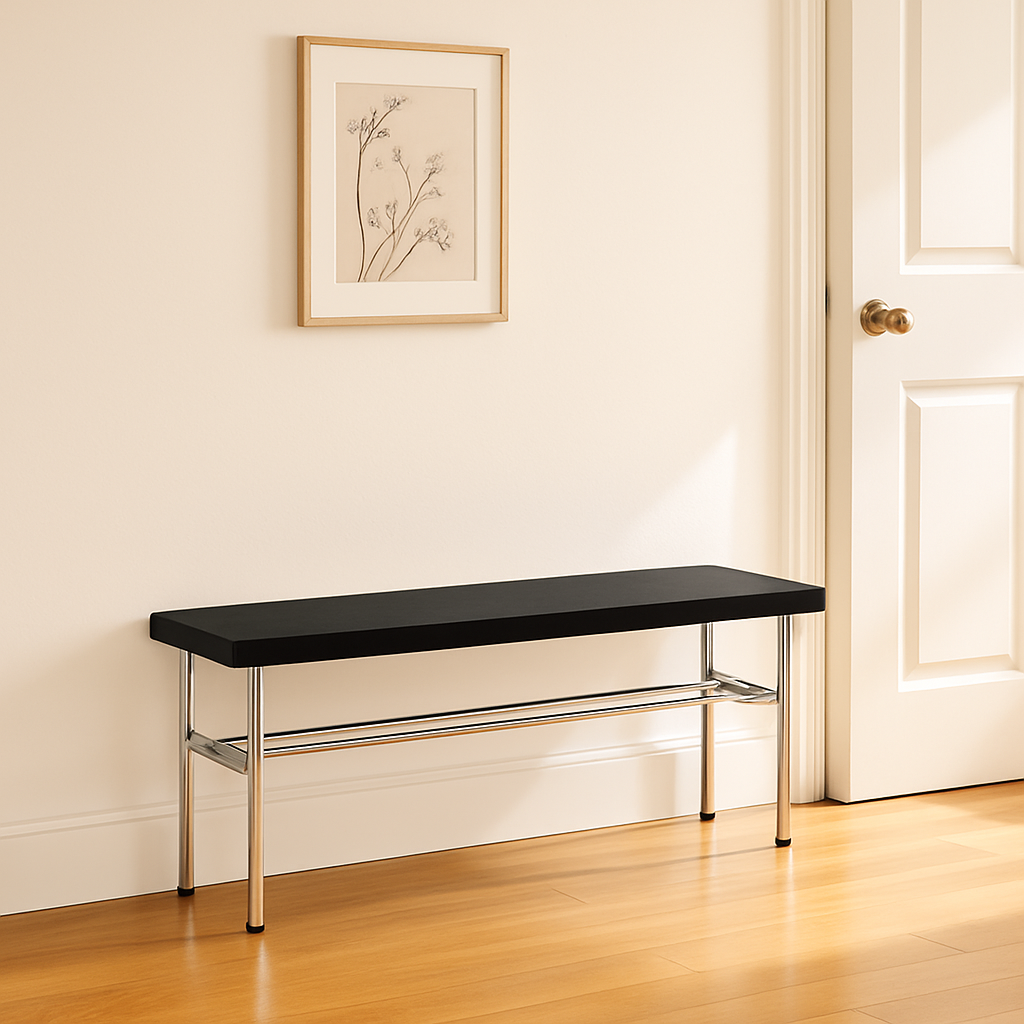 Traditional Vintage Rectangular Stainless Steel Rubberwood Bench Backless Armless For Hallway