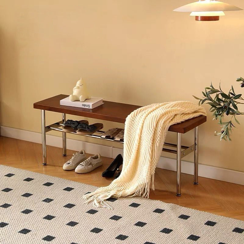 Traditional Vintage Rectangular Stainless Steel Rubberwood Bench Backless Armless For Hallway