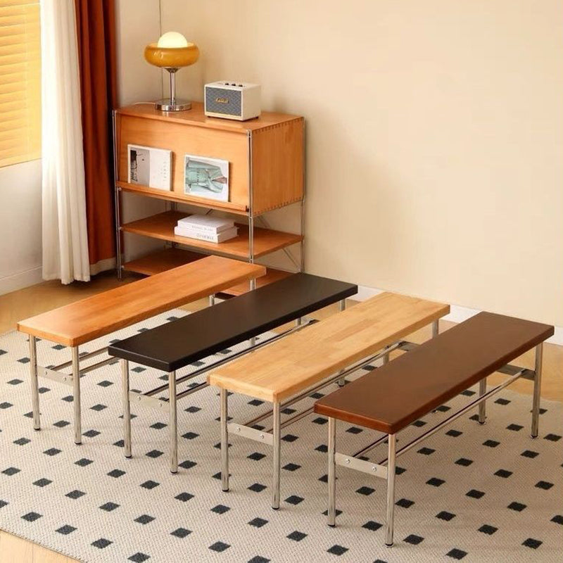 Traditional Vintage Rectangular Stainless Steel Rubberwood Bench Backless Armless For Hallway