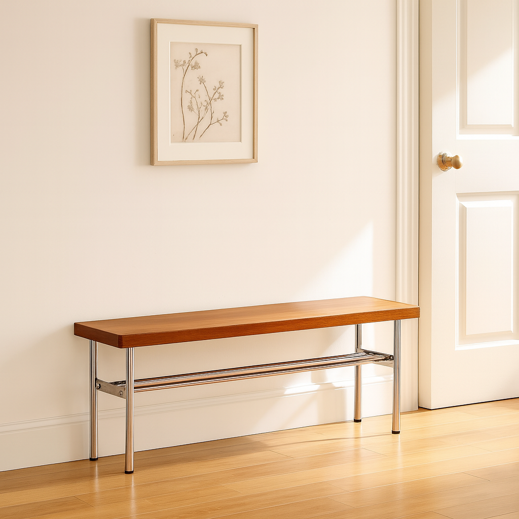 Traditional Vintage Rectangular Stainless Steel Rubberwood Bench Backless Armless For Hallway