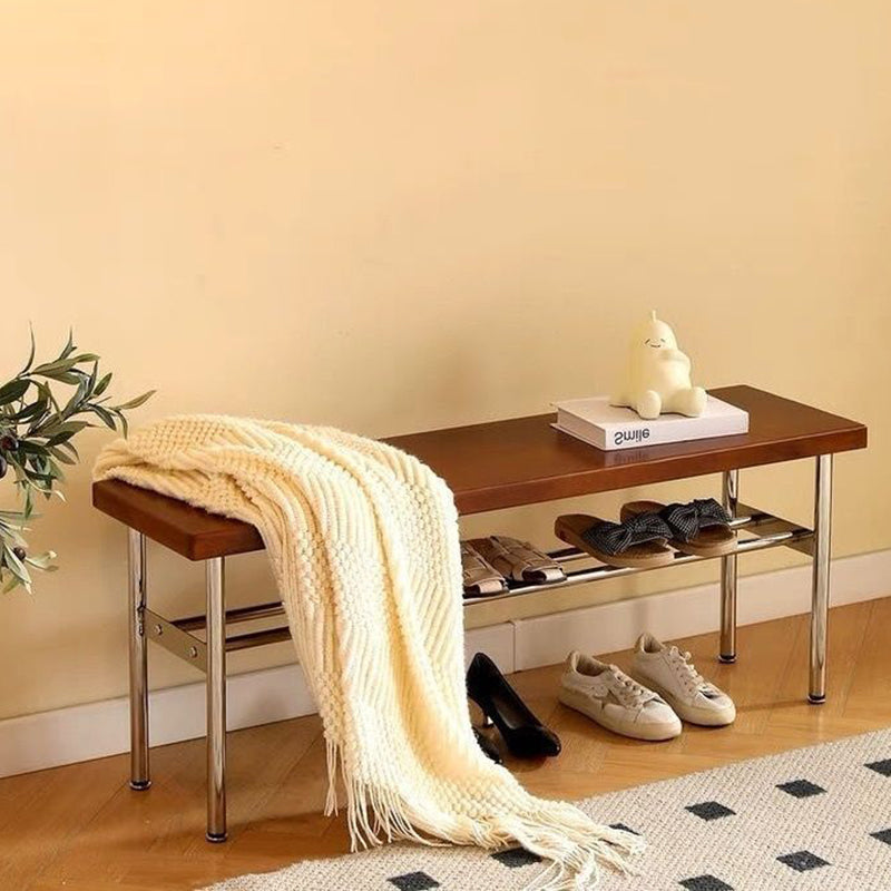 Traditional Vintage Rectangular Stainless Steel Rubberwood Bench Backless Armless For Hallway