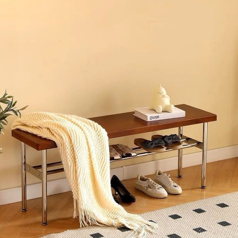 Traditional Vintage Rectangular Stainless Steel Rubberwood Bench Backless Armless For Hallway