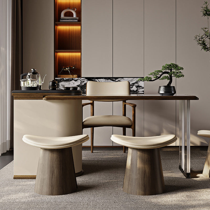 Taburete de Contrachapado Curvado de Estilo Vintage con Cojín de Cuero Microfibra - Asiento Bajo, Sin Respaldo y Sin Brazos para Sala de Estar