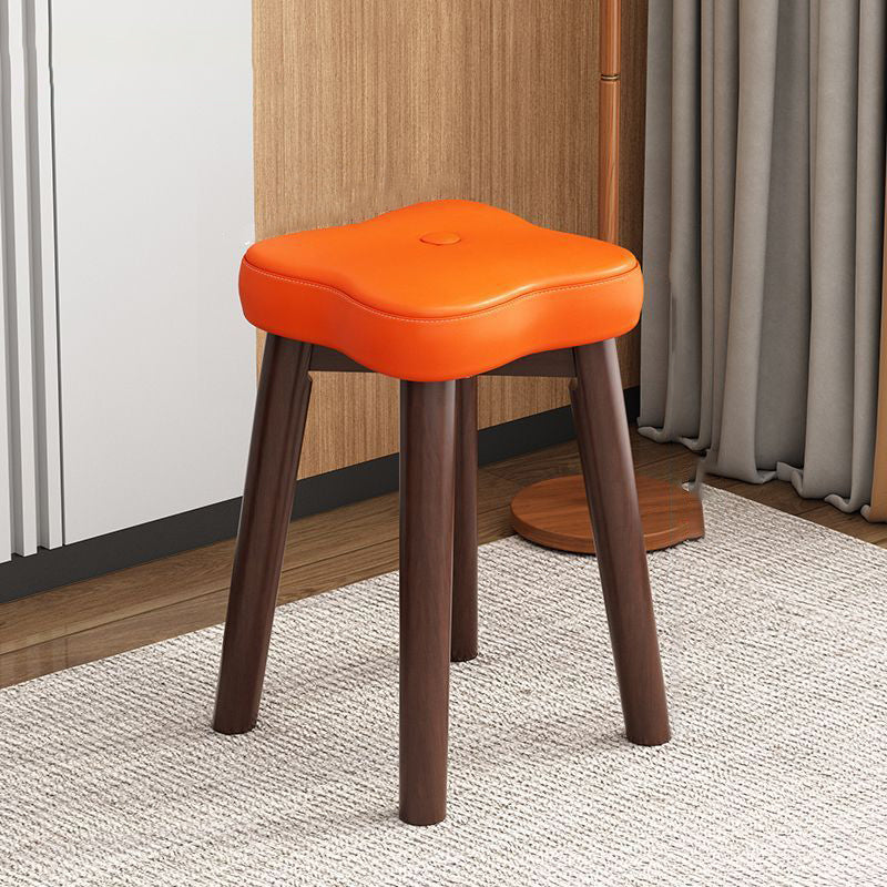 Traditional Vintage Floral Solid Wood Low Stool with Faux Oil-Waxed Leather Cushion – Stackable, Backless & Armless for Living Room