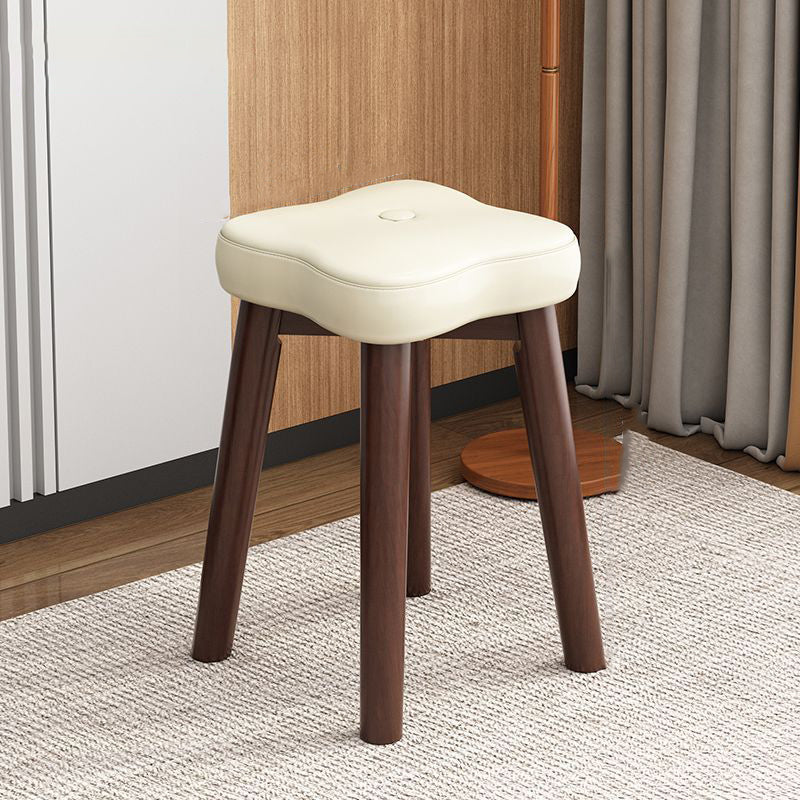 Traditional Vintage Floral Solid Wood Low Stool with Faux Oil-Waxed Leather Cushion – Stackable, Backless & Armless for Living Room
