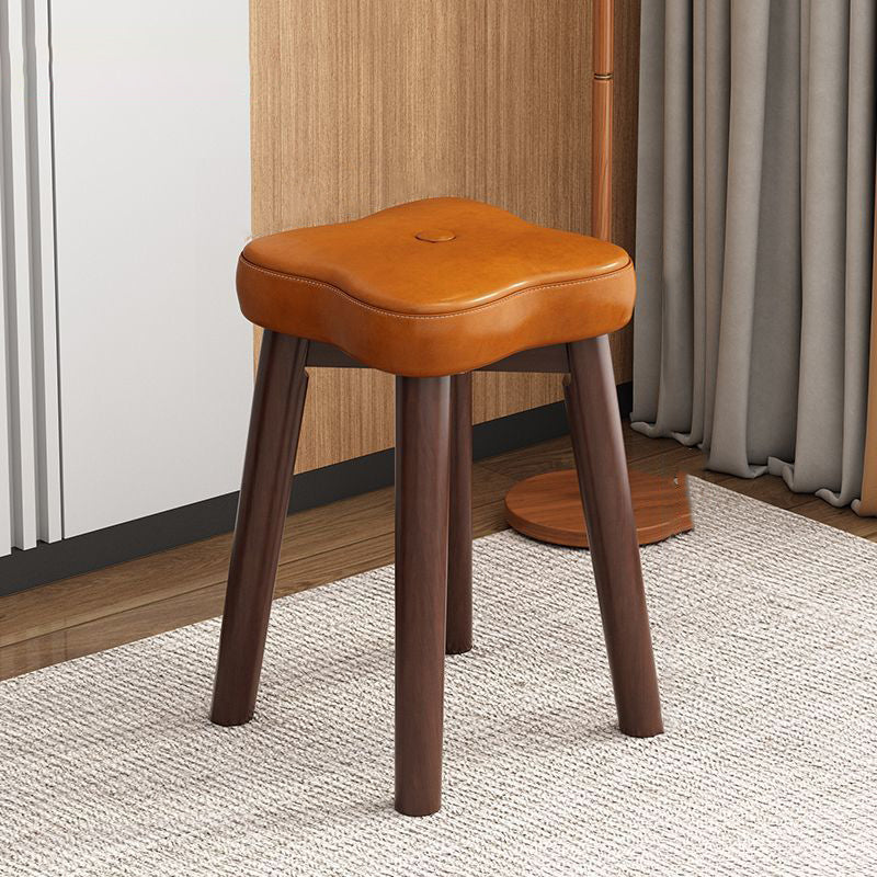 Traditional Vintage Floral Solid Wood Low Stool with Faux Oil-Waxed Leather Cushion – Stackable, Backless & Armless for Living Room