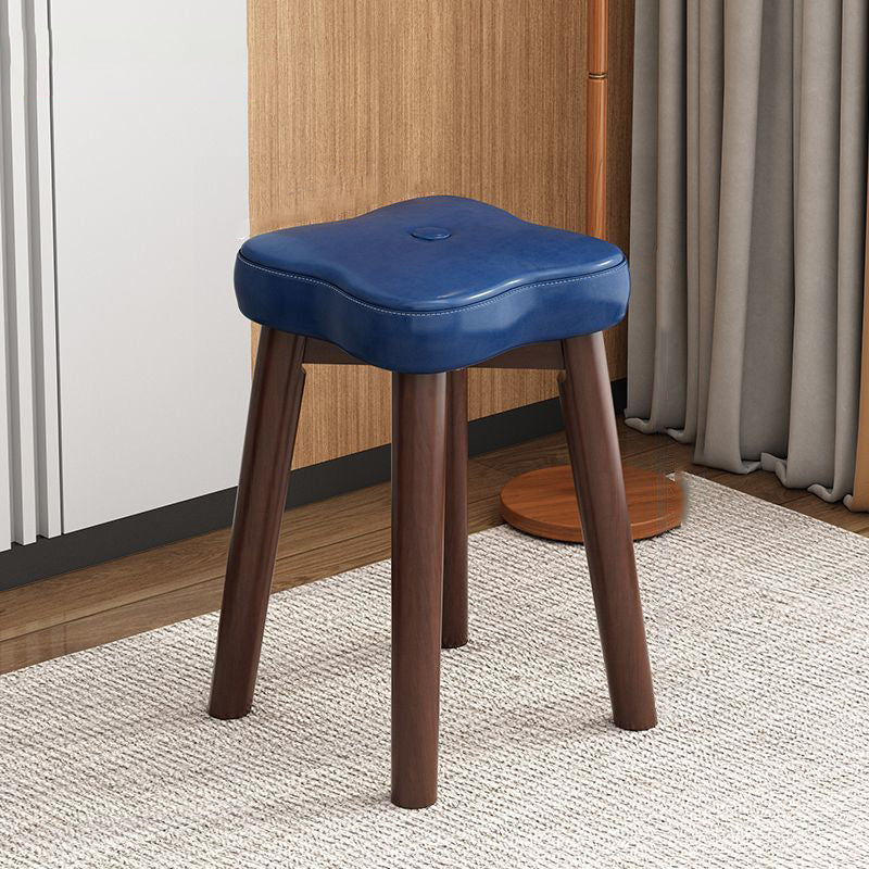Traditional Vintage Floral Solid Wood Low Stool with Faux Oil-Waxed Leather Cushion – Stackable, Backless & Armless for Living Room