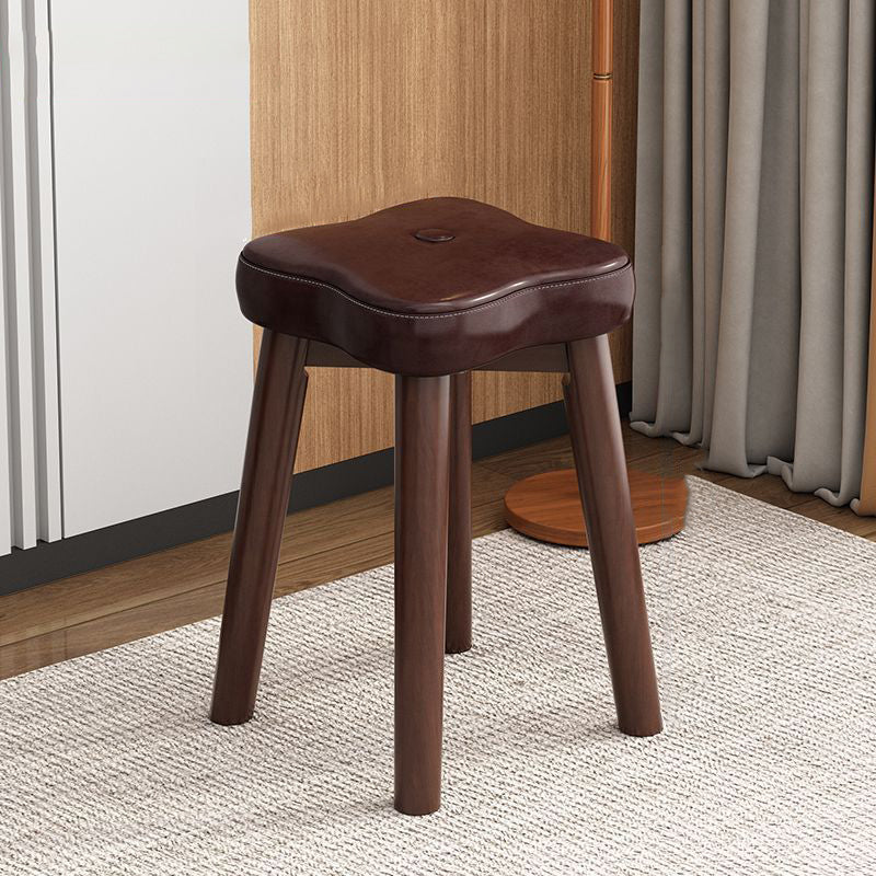 Traditional Vintage Floral Solid Wood Low Stool with Faux Oil-Waxed Leather Cushion – Stackable, Backless & Armless for Living Room
