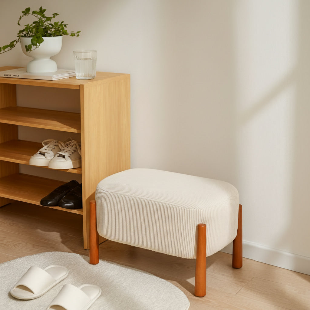Modern Minimalist Oval Solid Wood Low Stool – Corduroy, Teddy Fleece & Faux Mink Fur Upholstery, Yarn-Wrapped Sponge Cushion, Backless & Armless Hallway Seat