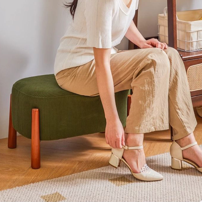 Modern Minimalist Oval Solid Wood Low Stool – Corduroy, Teddy Fleece & Faux Mink Fur Upholstery, Yarn-Wrapped Sponge Cushion, Backless & Armless Hallway Seat