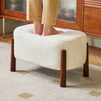Modern Minimalist Oval Solid Wood Low Stool – Corduroy, Teddy Fleece & Faux Mink Fur Upholstery, Yarn-Wrapped Sponge Cushion, Backless & Armless Hallway Seat